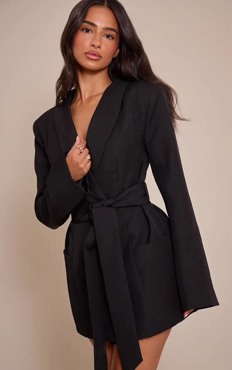 Black Tailored Tie Waist Blazer Dress | PrettyLittleThing USA | PrettyLittleThing US