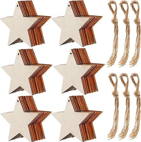 Tatuo 60 Pieces Natural Wooden Star Cutouts Shape Wooden Star Embellishments and 60 Pieces Natura... | Amazon (US)