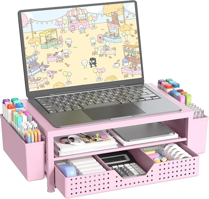 Laptop Stand for Desk Organizer and Accessories, 2-Tier Computer Monitor Stand Riser with Drawer and 2 Pen Holders, Ventilated Perforated Steel Top, Office Desk Accessories for Home Office Supplies, Pink | Amazon (US)