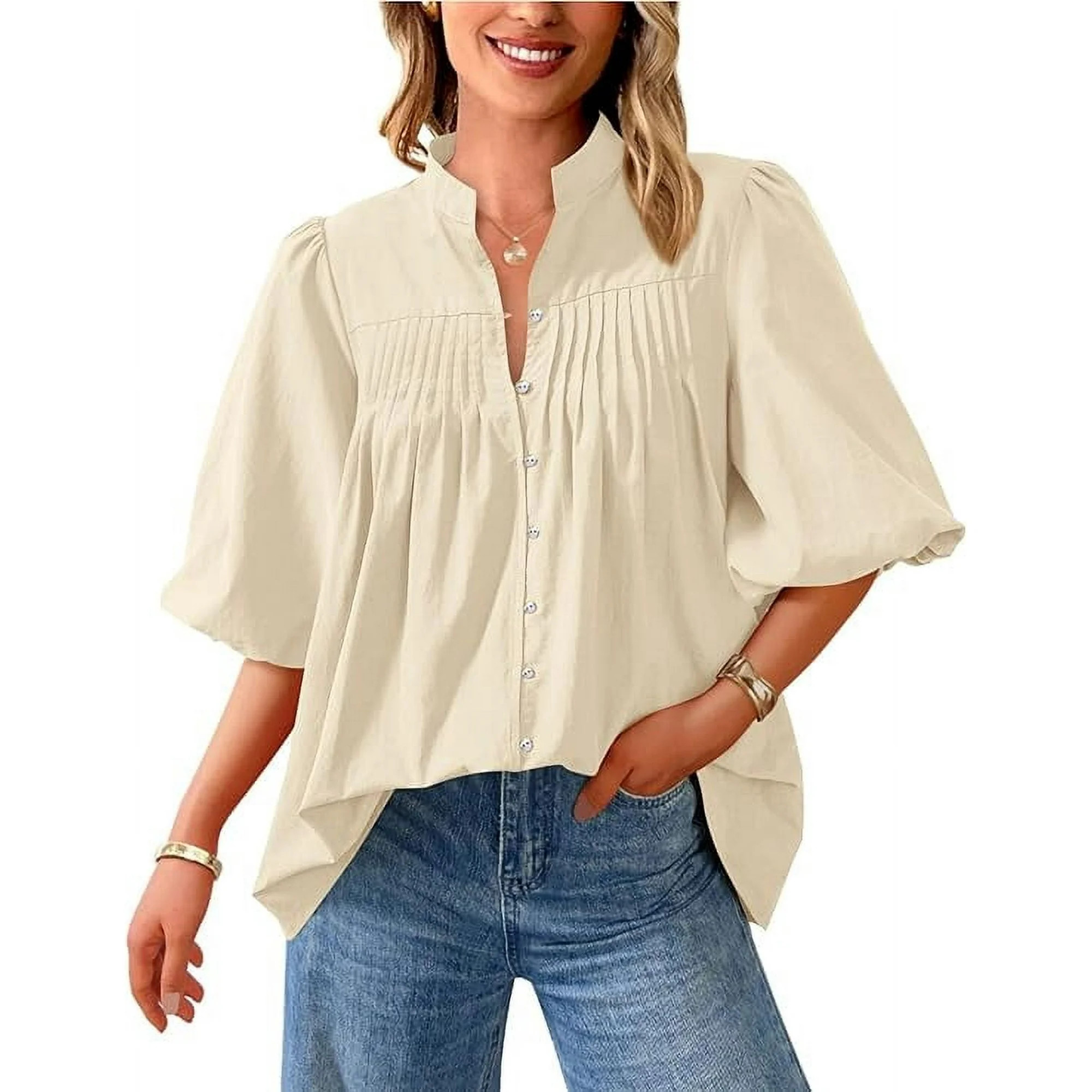 PRETTYGARDEN Women's Summer Short Lantern Sleeve Tops Loose Fit Button Down Shirt Casual Pleated ... | Walmart (US)