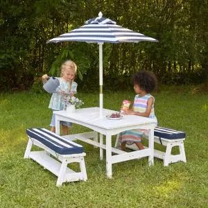 White Outdoor Table & Bench Set with Cushions & Umbrella – Navy & White Stripes | KidKraft