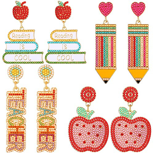 Sumind 4 Pairs Teacher Earrings for Women Rhinestone Beaded Teacher Drop Earrings Fun Earrings Dangle Earrings Colorful Teacher Appreciation Gifts (Cute) | Amazon (US)