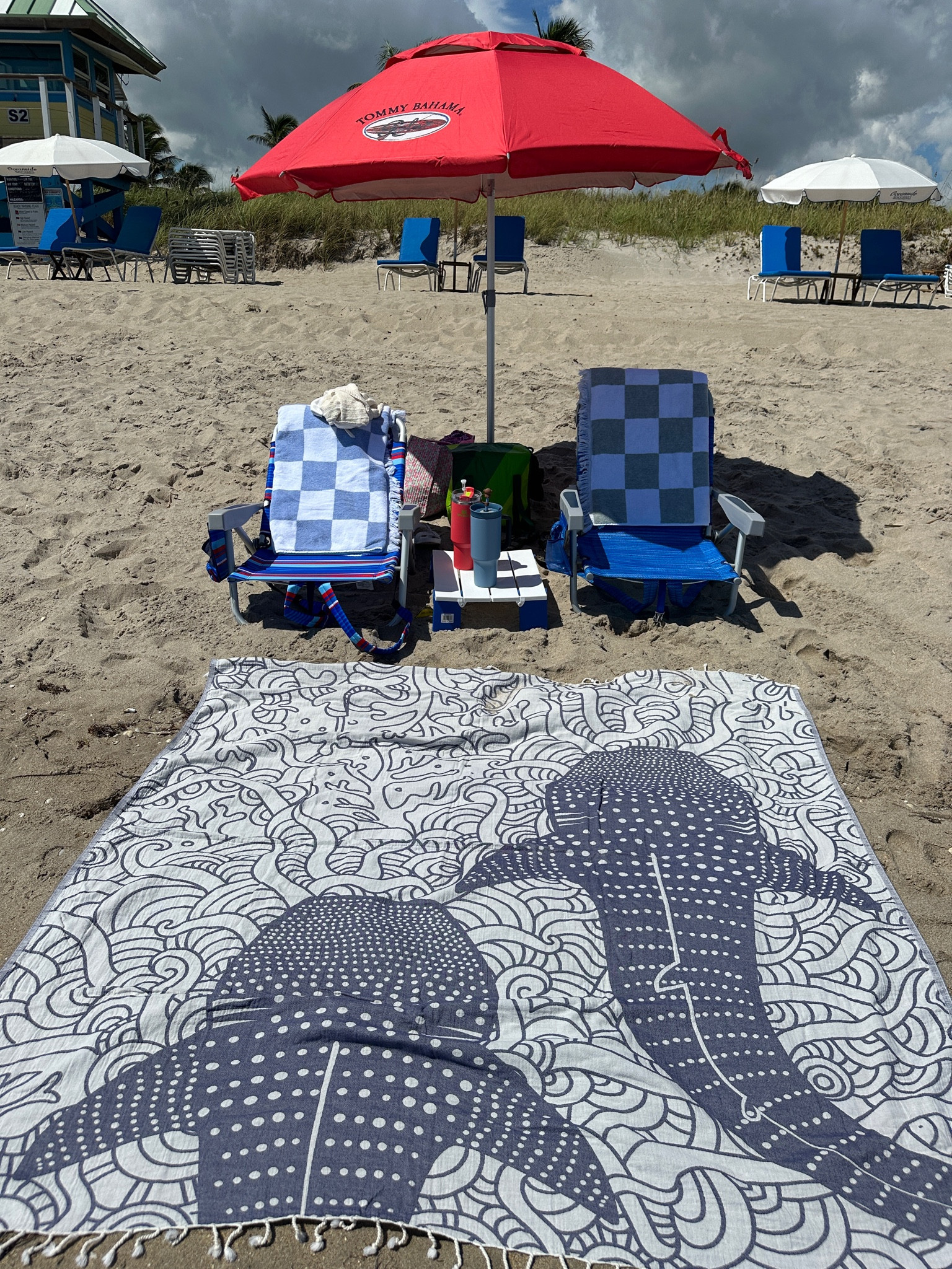 Sand Cloud beach blanket and beach table 