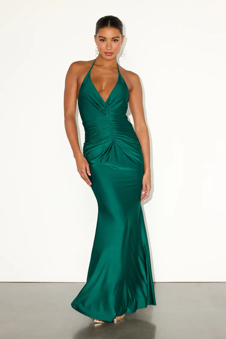 Zaniya Emerald Green Ruched Halter Maxi Dress | Lulus