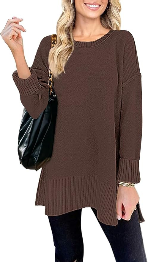 MEROKEETY Women's 2024 Fall Casual Crew Neck Side Split Pullover Sweater Loose Long Sleeve Jumper... | Amazon (US)