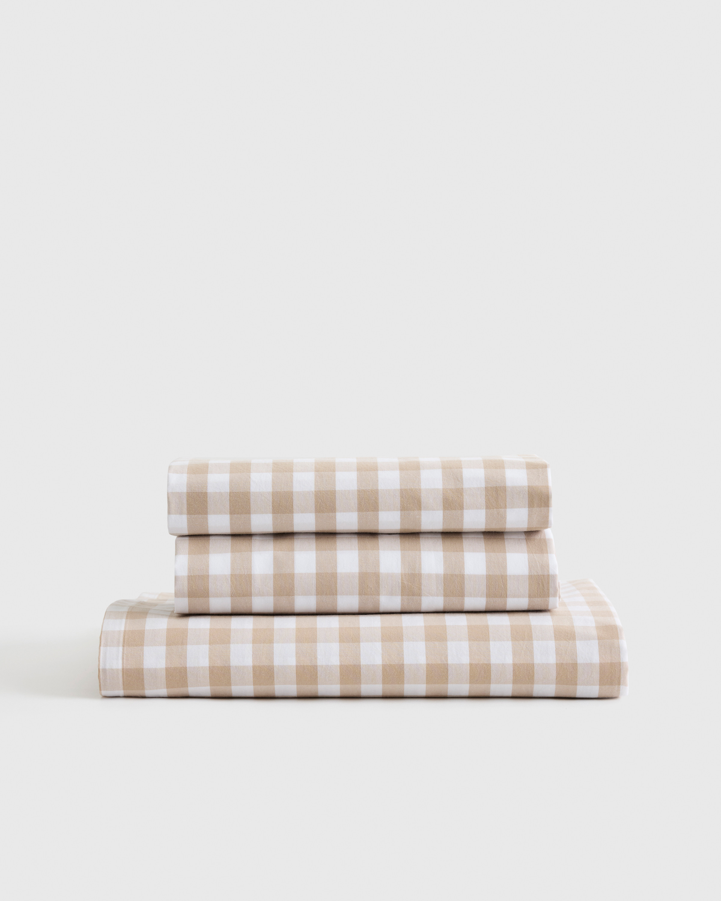 Quince | Classic Organic Percale Gingham Fitted Sheet Set in Cafe, Size Full, Percale Cotton | Quince
