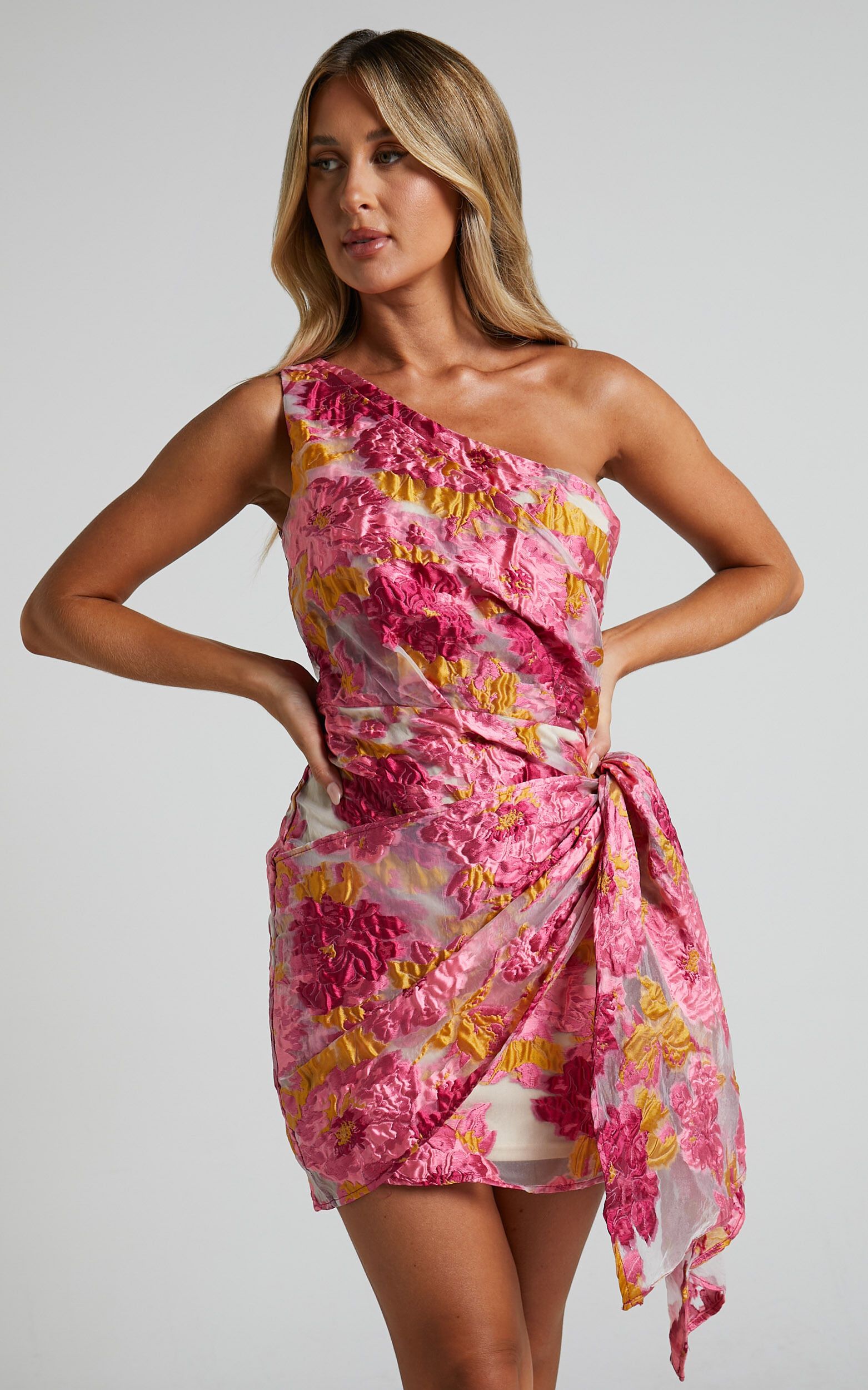Kailey One Shoulder Wrap Front Mini Dress in Pink & Beige Jacquard | Showpo (US, UK & Europe)