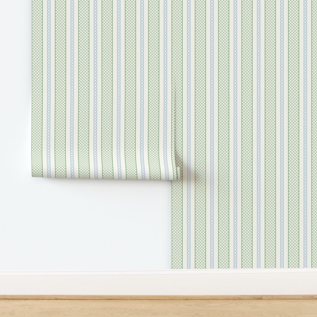 Wallpaper in Lattice Stripes green blue preppy grandmillennial ticking | Spoonflower