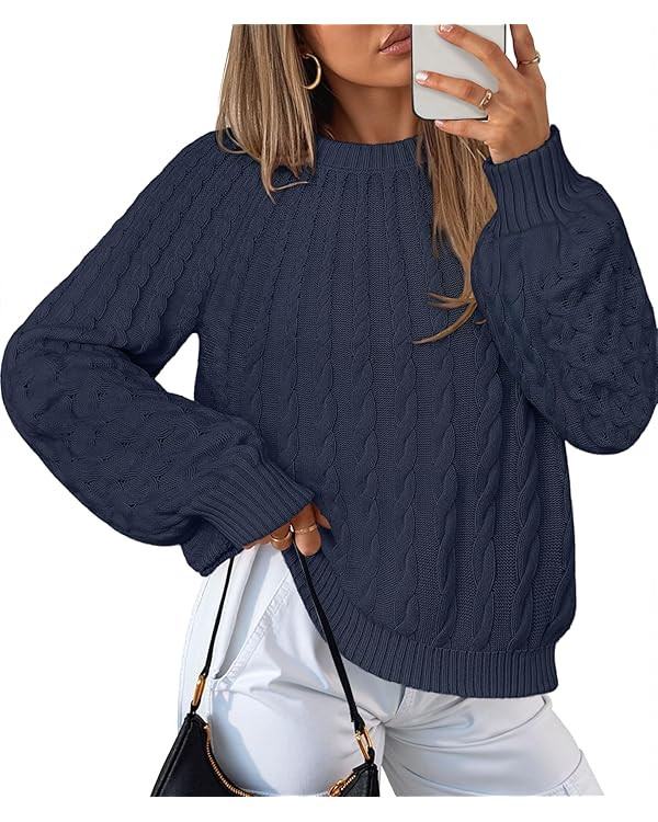 MEROKEETY Women's Fall Cable Knit Sweater 2025 Fashion Warm Crew Neck Lantern Sleeve Chunky Winte... | Amazon (US)