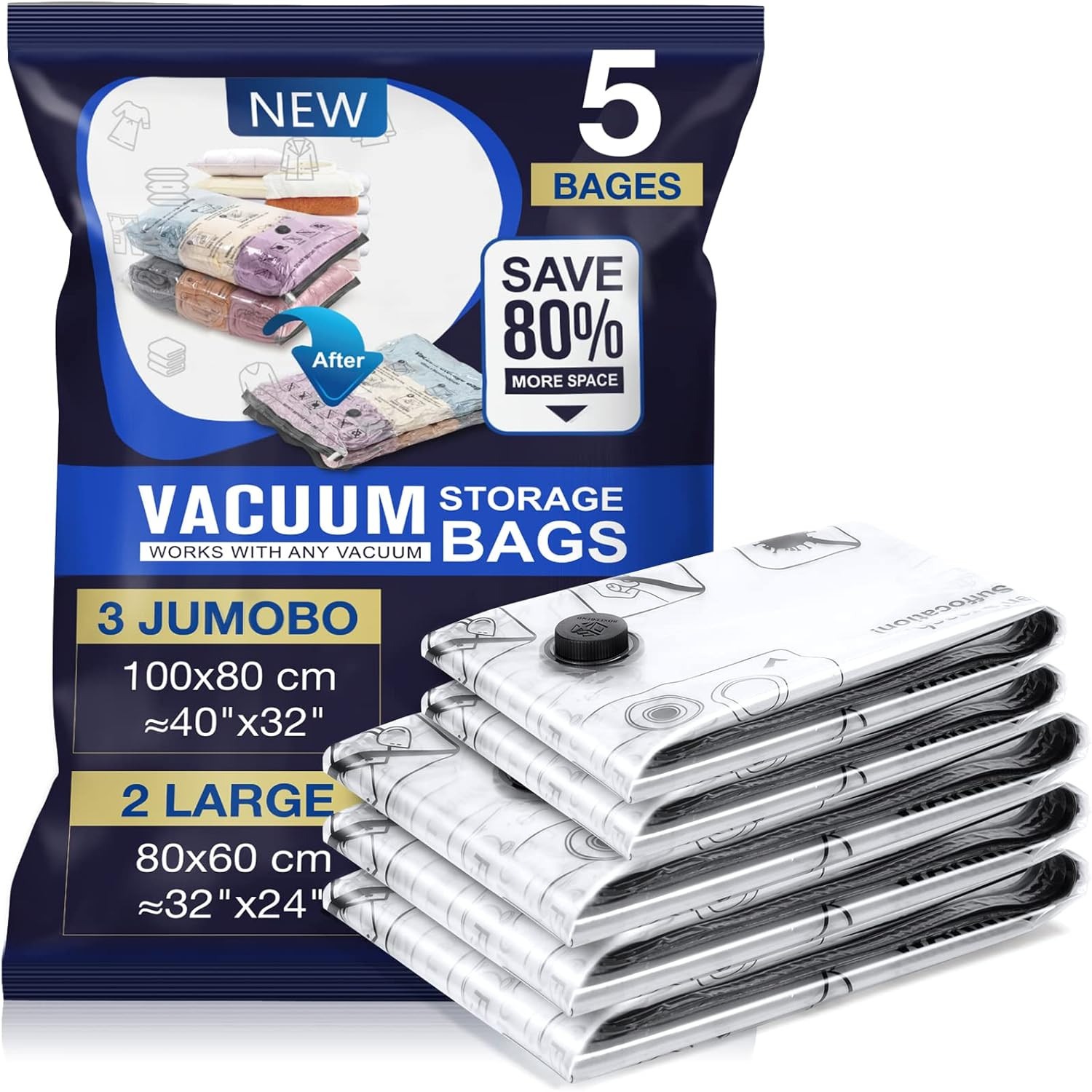 Accenter Sac Sous Vide Vetement Aspirateur 5 Pièces 3XL 100X80cm 2L 80x60cm Housse de Rangement ... | Amazon (FR)