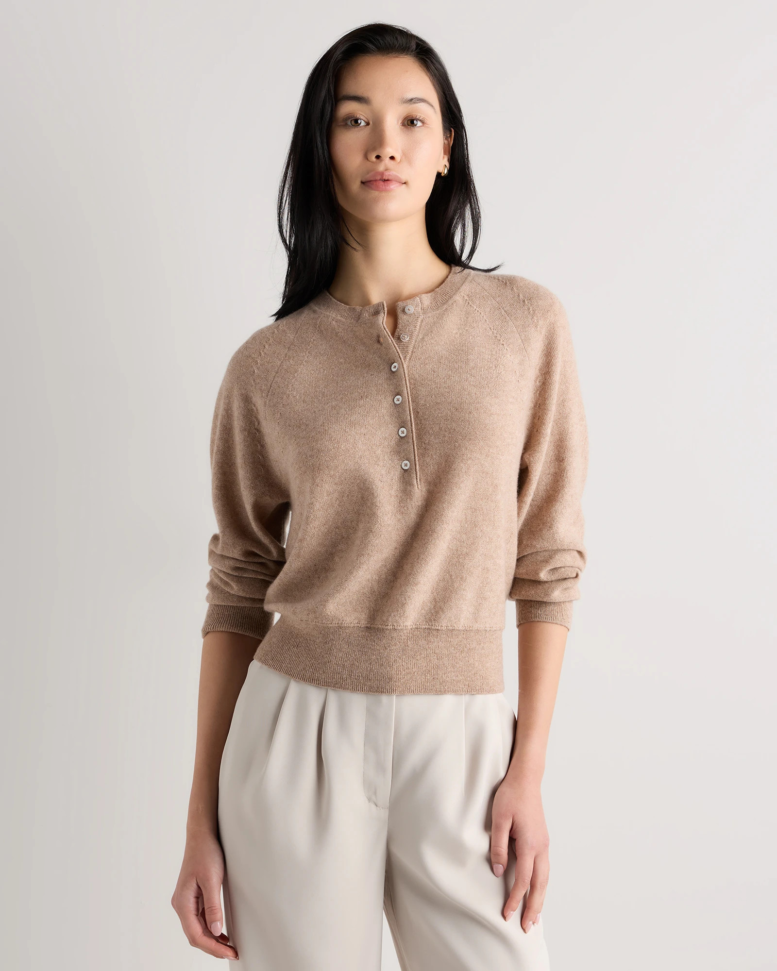 Quince | Women's Mongolian Cashmere Dolman Sleeve Henley Sweater in Heather Grey, Size Small | Quince