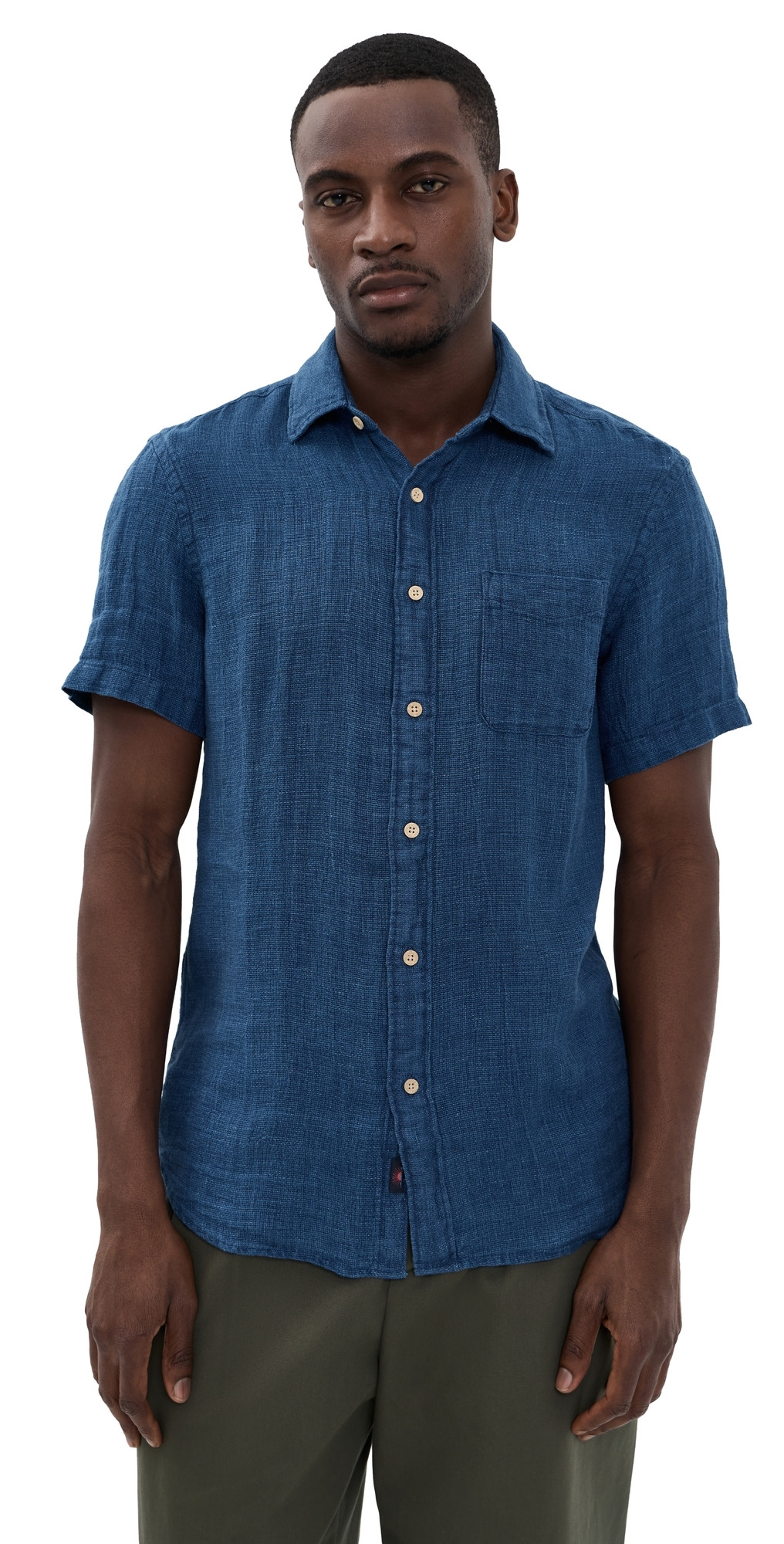 Faherty Short Sleeve Palma Linen Shirt Indigo Basketweave L | Shopbop