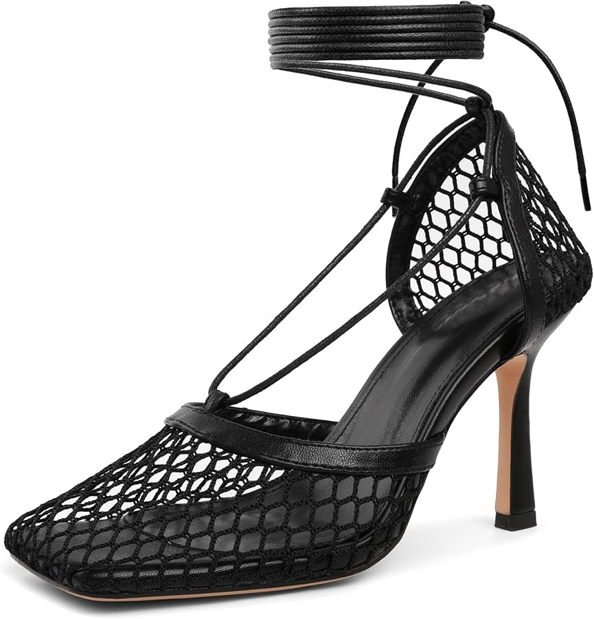 SAMMITOP Women's Square Toe Mesh Lace Up Strappy Sexy Heels Sandals Stiletto High Heel Closed Toe... | Amazon (US)