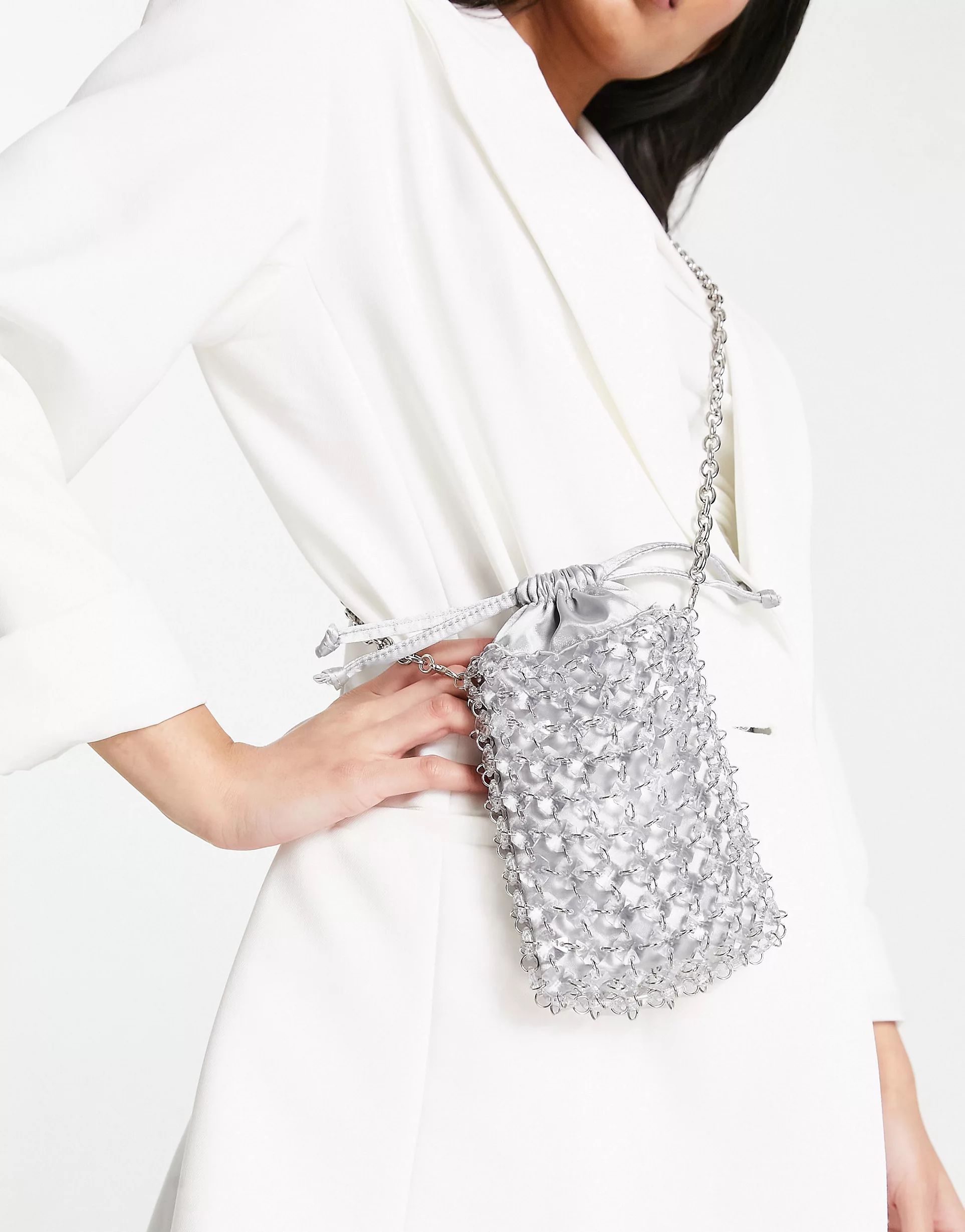 ASOS DESIGN beaded crossbody bag with pouch in silver | ASOS (Global)