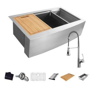 Glacier Bay Zero Radius Farmhouse Apron-Front 18G Stainless Steel 33 in. Single Bowl Workstation ... | The Home Depot