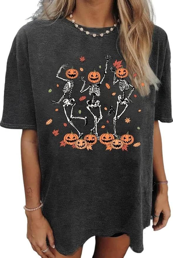 Halloween Oversized T-Shirt for Women Fall Spooky Skull Graphic Top Vintage Horror Dancing Skelet... | Amazon (US)