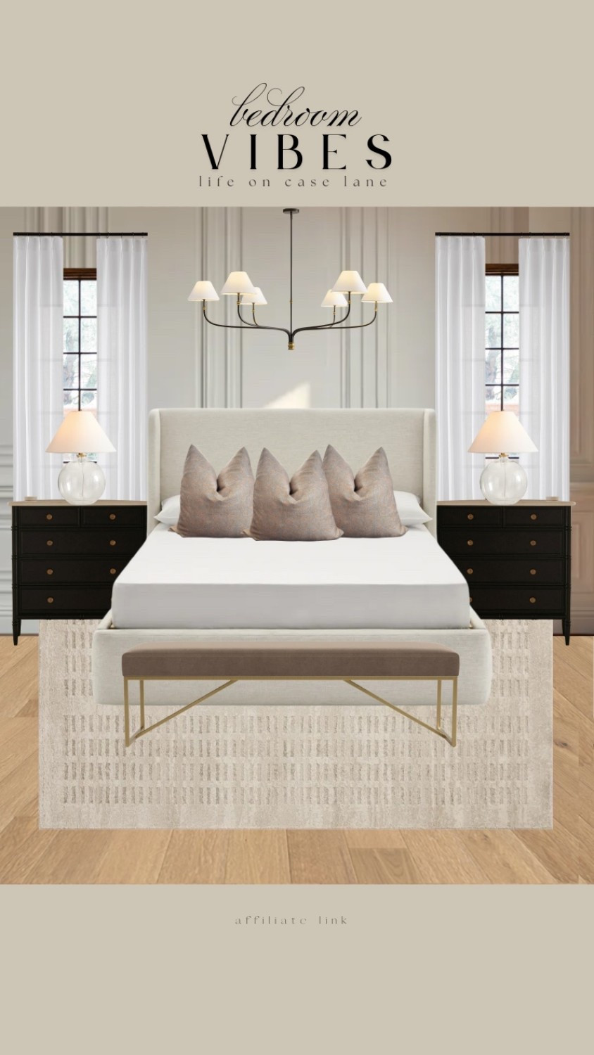 Bedroom moodboard, bedroom design, Primary bedroom furniture, master bedroom, guest bedroom, traditional bedroom, transitional bedroom, nightstand, upholstered bed, area rug, bedroom bench, bedroom chandelier, lamp, bedroom lamp, neutral bedroom, curtains, neutral curtains, triple pleat pinch curtains, affordable furniture, good quality furniture, wayfair, Loloi

#LTKHome #LTKFamily #LTKSaleAlert
