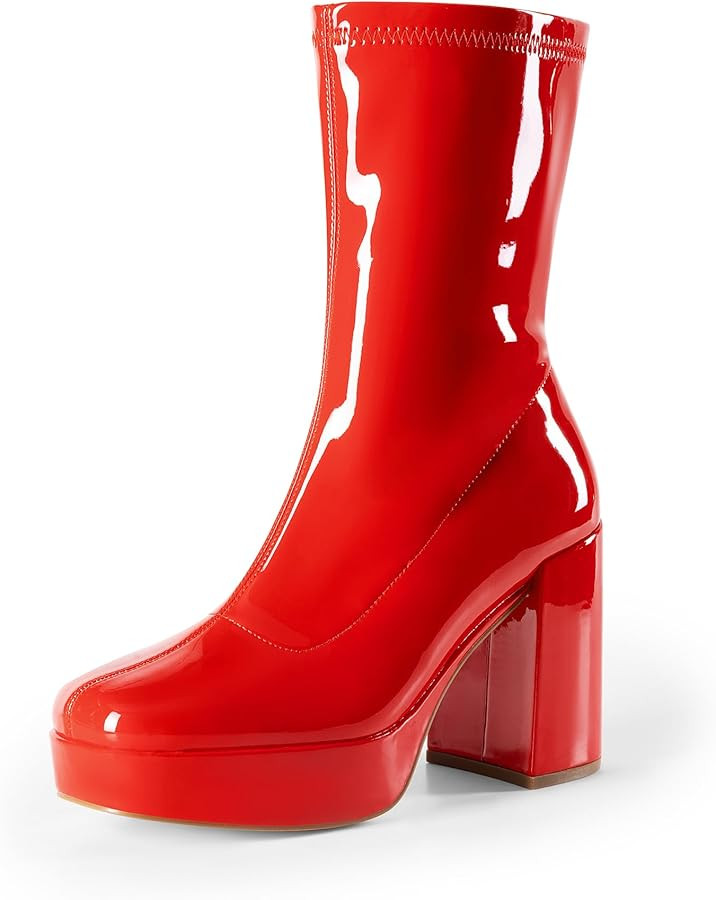 DREAM PAIRS Women's Mid Calf Gogo Boots Platform High Chunky Block Heel Square Toe Ankle Boots | Amazon (US)