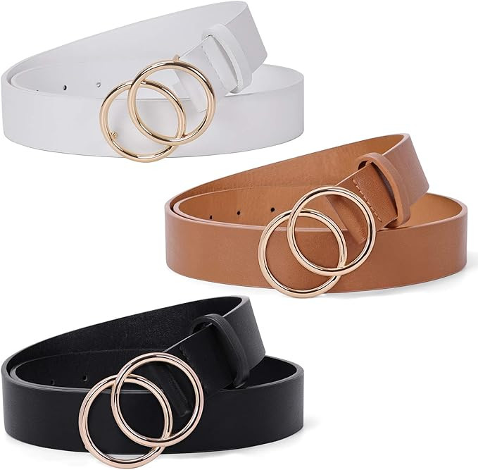3 Pack Double Ring Belt for Women, Faux Leather Jeans Belts with Golden Circle Buckle | Amazon (US)
