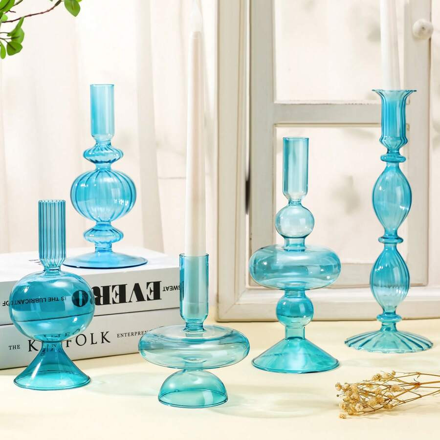 5 Pieces Glass Candlestick Holders Colored Glass Taper Candle Holder Candlestick Wedding Glass Ca... | SHEIN