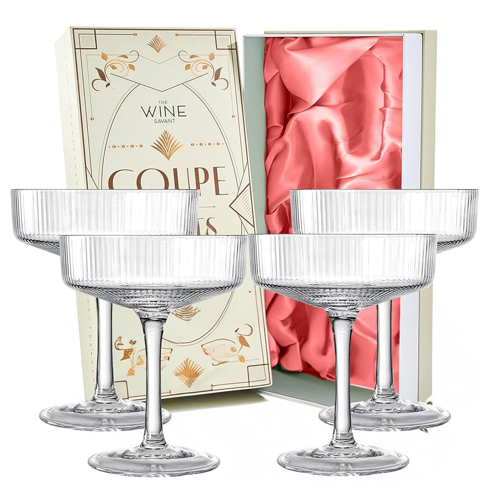 Vintage Art Deco Coupe Glasses, Martini, Champagne & Cocktail Ribbed Glass 7 oz | Set of 4 | Crys... | Amazon (US)