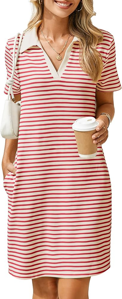 Glamaker Women T Shirt Summer Dress Casual Business Mini Loose V-Neck Short Sleeve Striped Dresse... | Amazon (US)