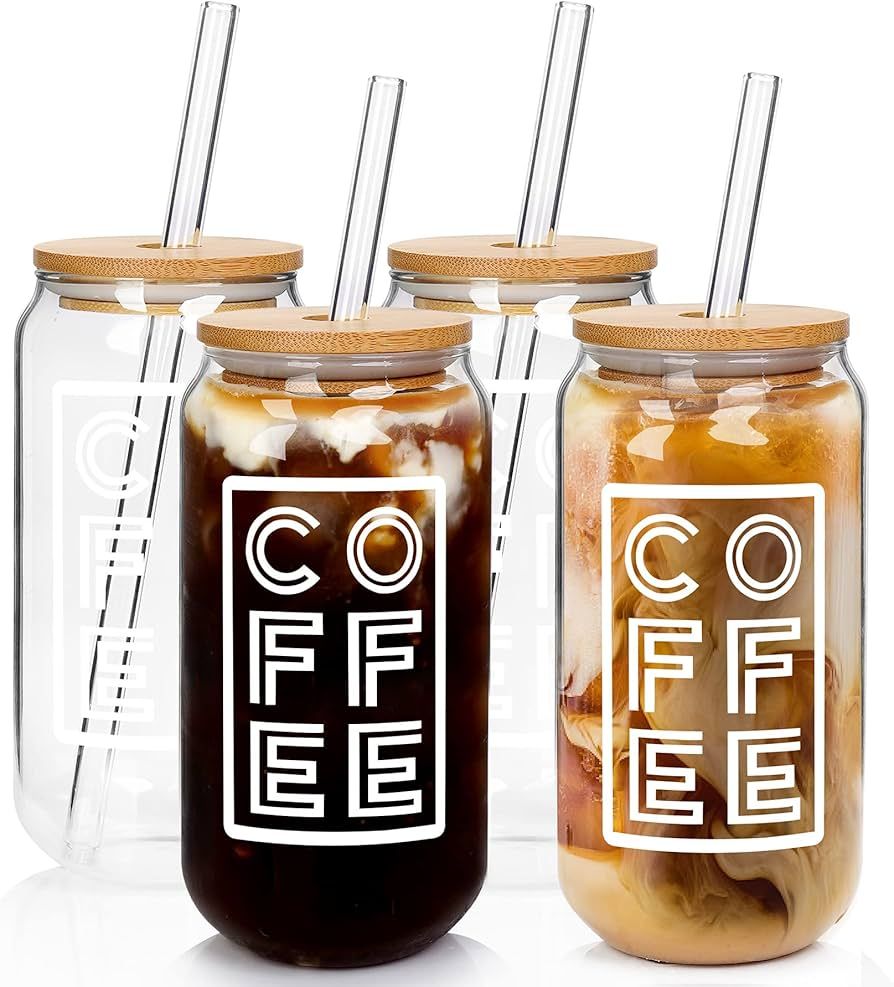 ANOTION Iced Coffee Cup with Lids and Straw, Beer Can Glass with Bamboo Cover 20 Oz Glass Coffee Cup | Amazon (US)