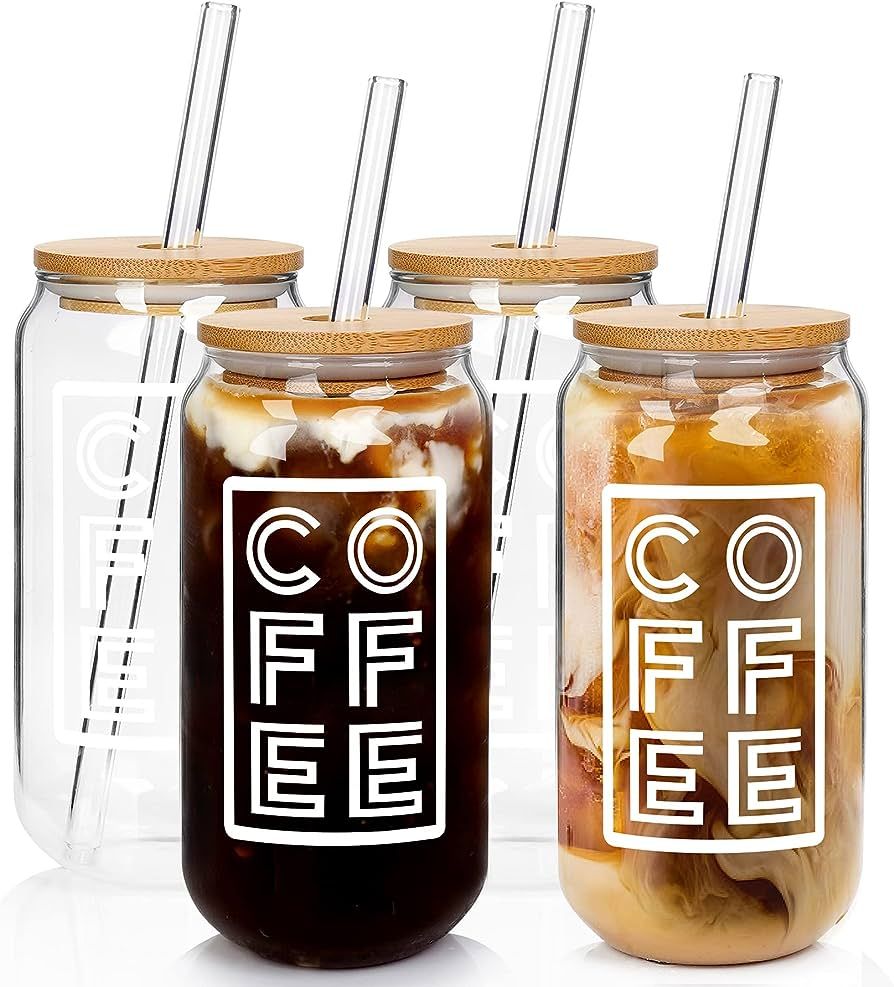 ANOTION Iced Coffee Cup with Lids and Straw, Beer Can Glass with Bamboo Cover 20 Oz Glass Coffee Cup | Amazon (US)