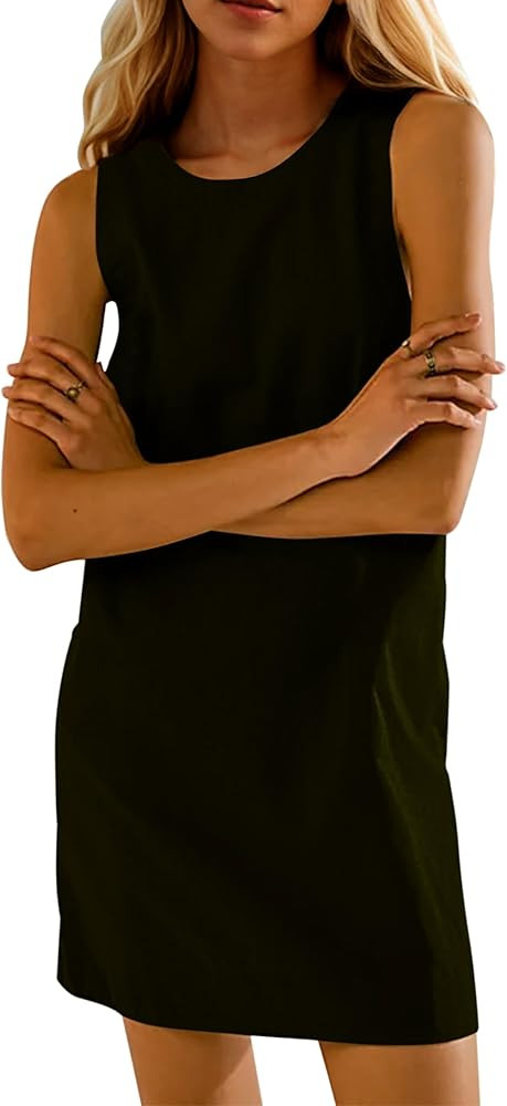Burtell Women Casual Sleeveless Open Back Mini Shift Dress Tunic Scoop Neck Tank Short Cotton Lin... | Amazon (US)