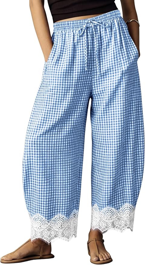 Womens Lace Hem Gingham Barrel Pants Wide Leg Elastic Drawstring Waist Lounge Pants Plaid Trouser... | Amazon (US)