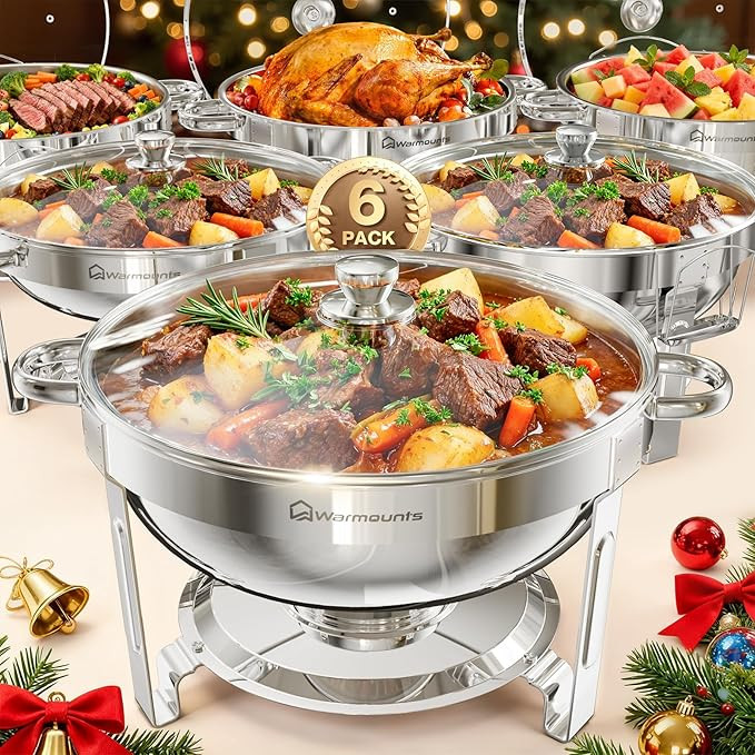 WARMOUNTS Round Chafing Dishes for Buffet with Glass Lid (5QT, 6 Pack), Chafers and Buffet Warmer... | Amazon (US)