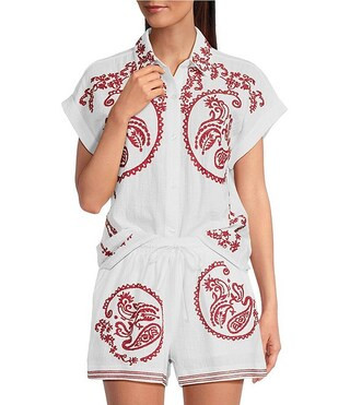 Reba Top Amber Textured Woven Coordinating Point Collar Short Sleeve Paisley Embroidered Top | Di... | Dillard's