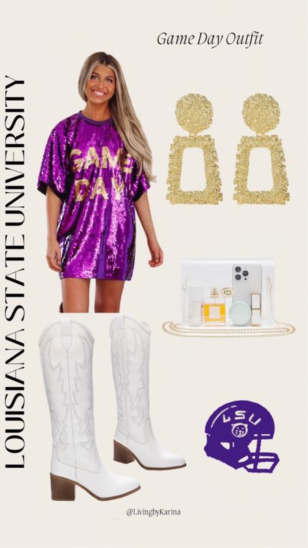 Game day outfit inspo 

LOUISIANA STATE UNIVERSITY

College game day outfit, LSU, football game day outfits, sequin dress, cowgirl boots, western style, glam 

#LTKparties #LTKBacktoSchool #LTKU