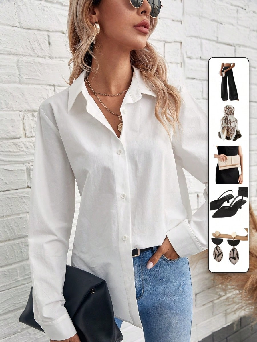 SHEIN Frenchy Solid Button Front Shirt,Long Sleeve Tops | SHEIN