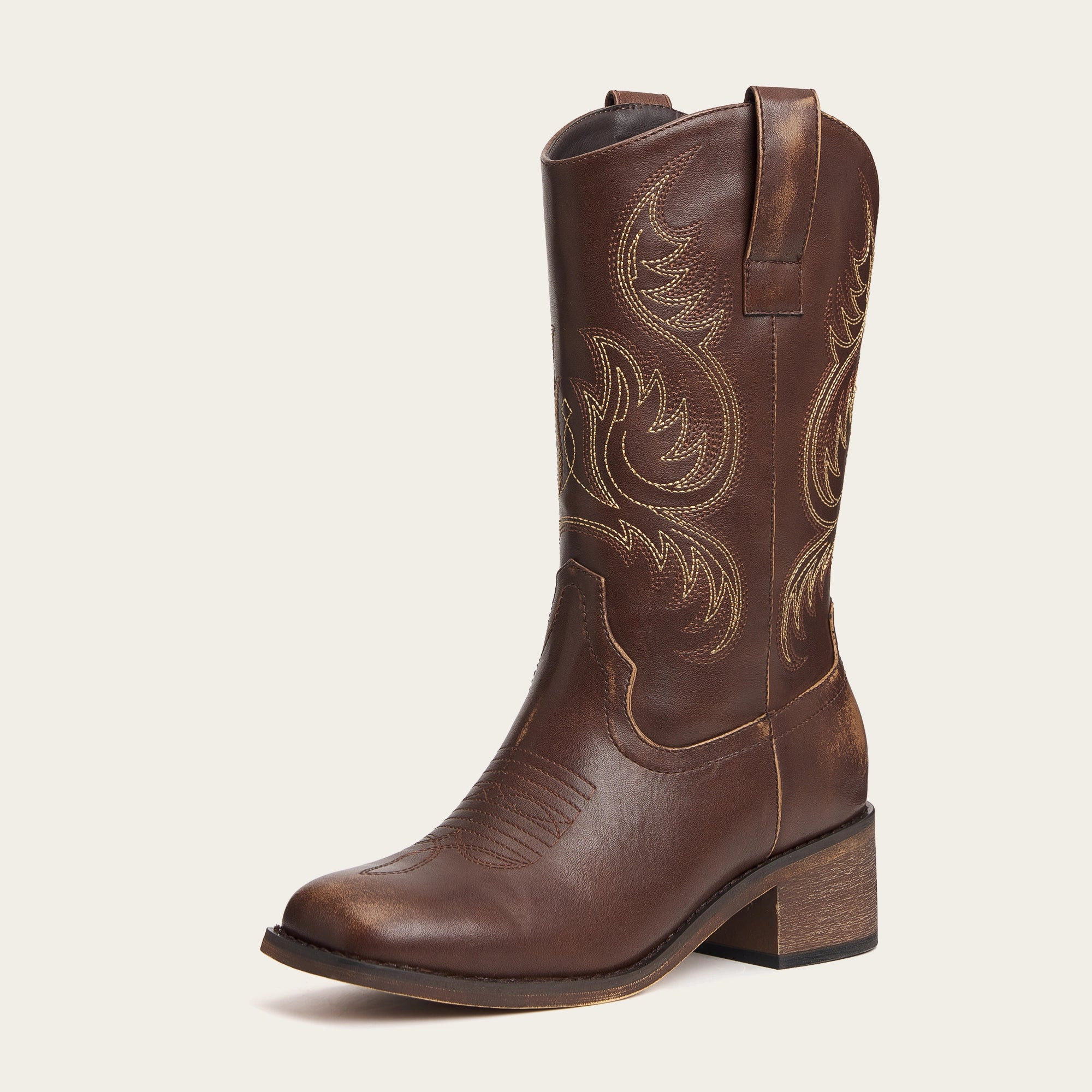 The Bronco - Brown Square Toe Embroidered Mid-calf Cowgirl Boots - Brown / US 9.5 | REDTOP