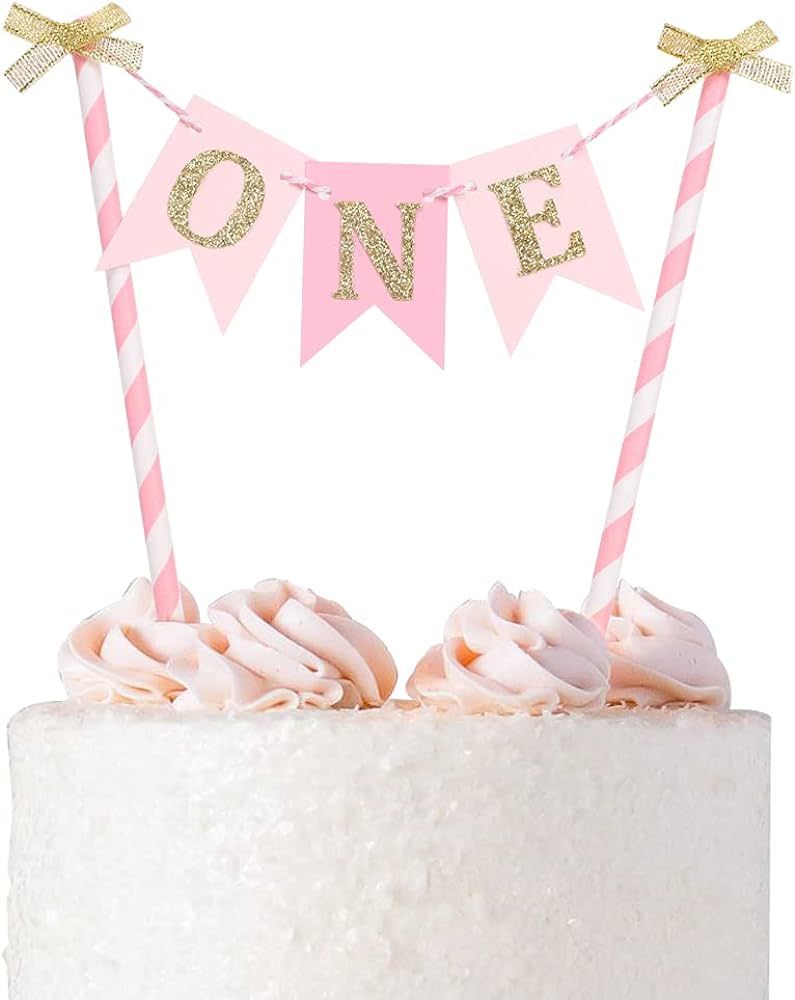 One Cake Topper for Baby Girls - Pink and Gold Cake Topper Banner for 1st Birthday, First Birthda... | Amazon (US)
