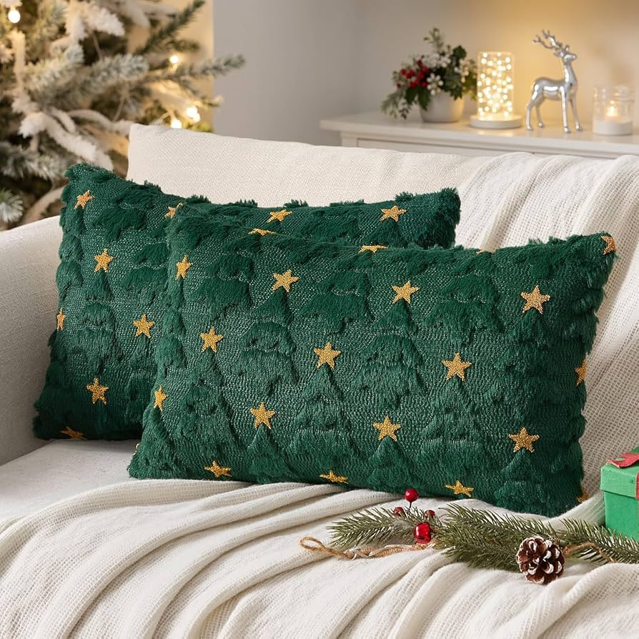 MIULEE Christmas Pillow Covers 12x20 Inch Set of 2, Dark Green Christmas Tree Plush Faux Fur Pill... | Amazon (US)