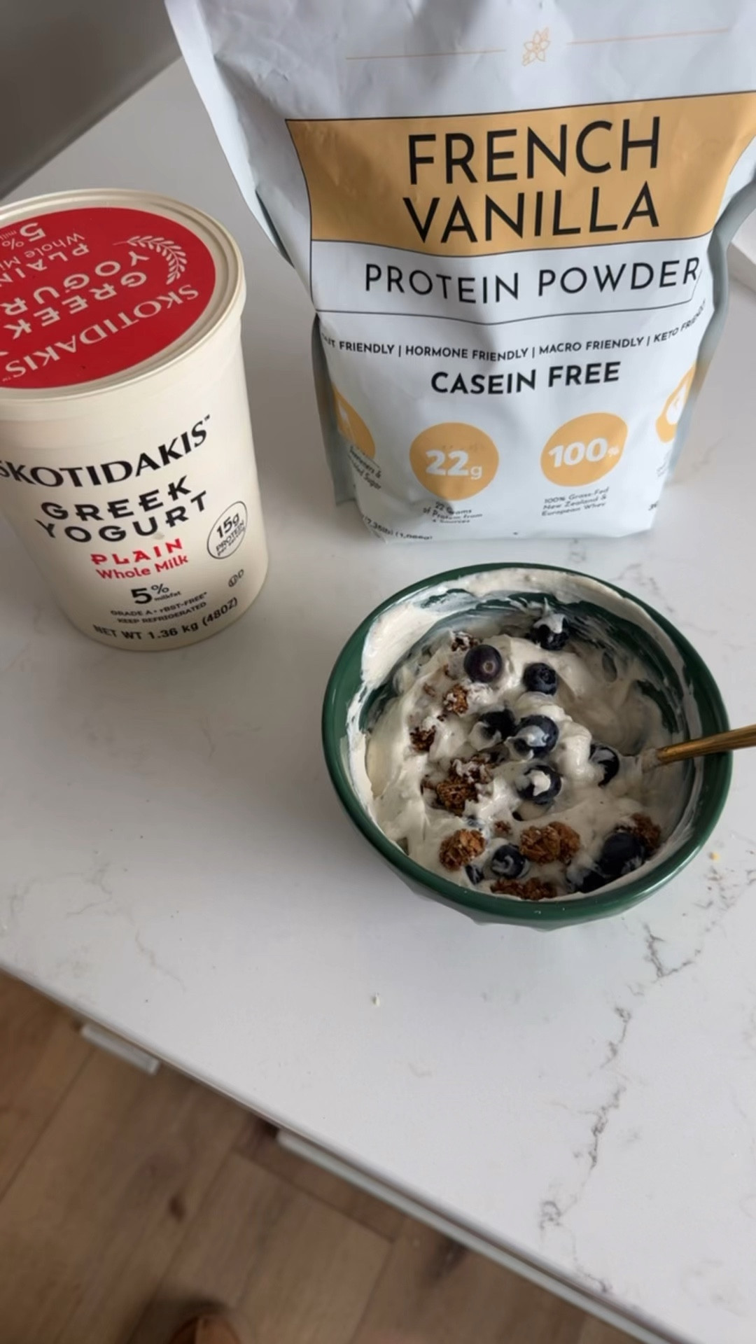 My protein packed breakfast on repeat lately… 1 cup, plain, full
Fat Greek yogurt, one scoop of vanilla protein powder, 1/2 cup organic blueberries, 1/4 cup chopped walnuts, 1 tablespoon of hemp seeds, dash of organic cinnamon

#LTKWatchNow #LTKHome #LTKOver40