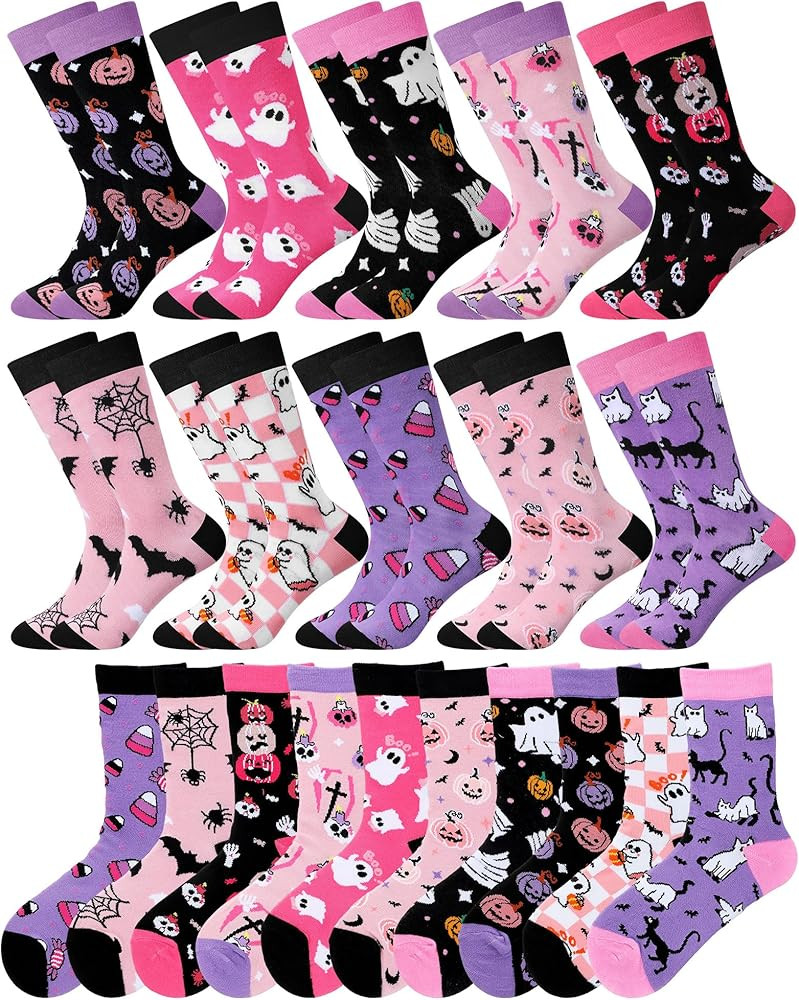Patelai 10 Pairs Pink Halloween Socks for Women Girls Novelty Ghost Pumpkins Bats Cotton Crew Soc... | Amazon (US)