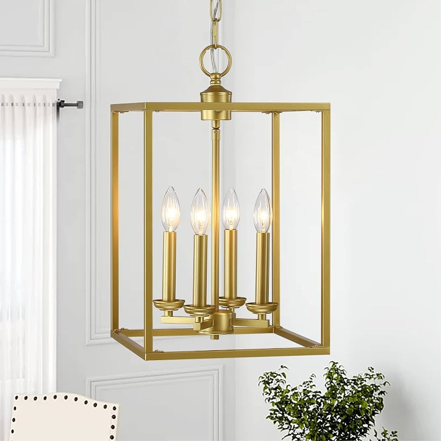 Untrammelife 4-Light Gold Lantern Pendant Light, Square Geometric Lantern Chandelier with Adjusta... | Amazon (US)