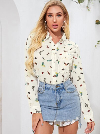 Insect Print Button Up Blouse | SHEIN