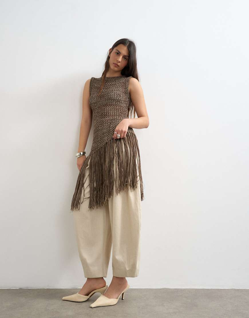 Topshop knitted sleeveless tape fish net asymmetric fringing tassel top in chocolate brown | ASOS (Global)