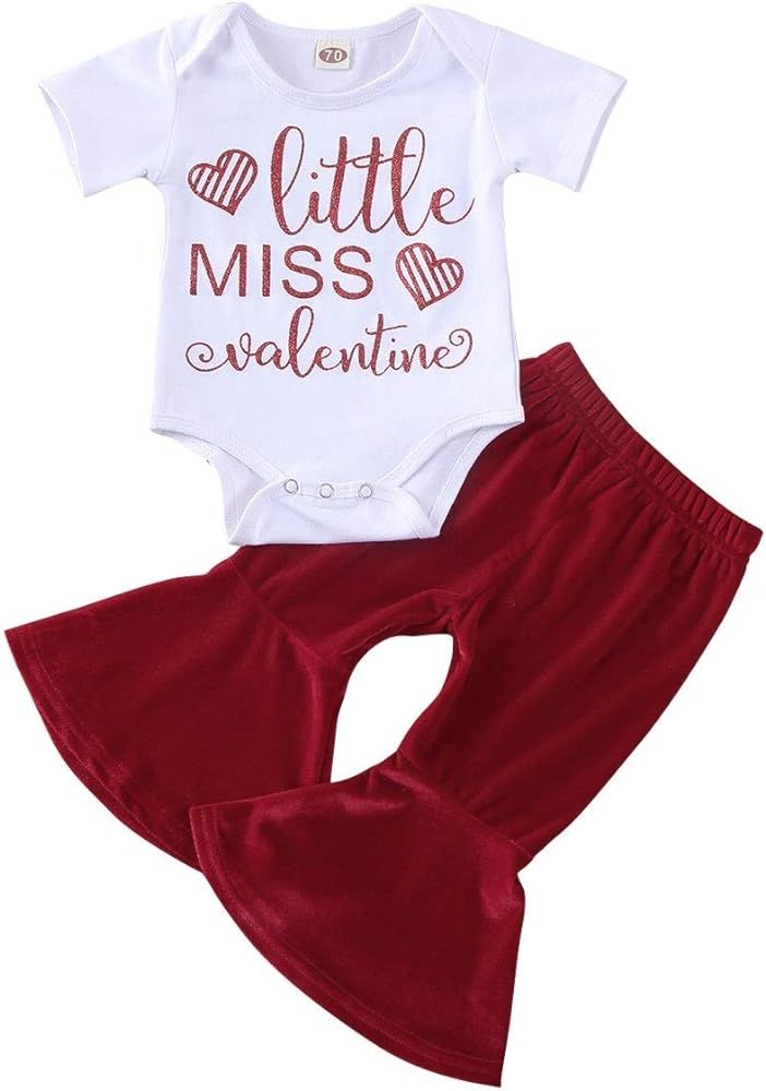 Infant Baby Girl Valentine Outfits Short Sleeve Letters Romper Top + Velvet Bell Bottom Pants/Ski... | Amazon (US)