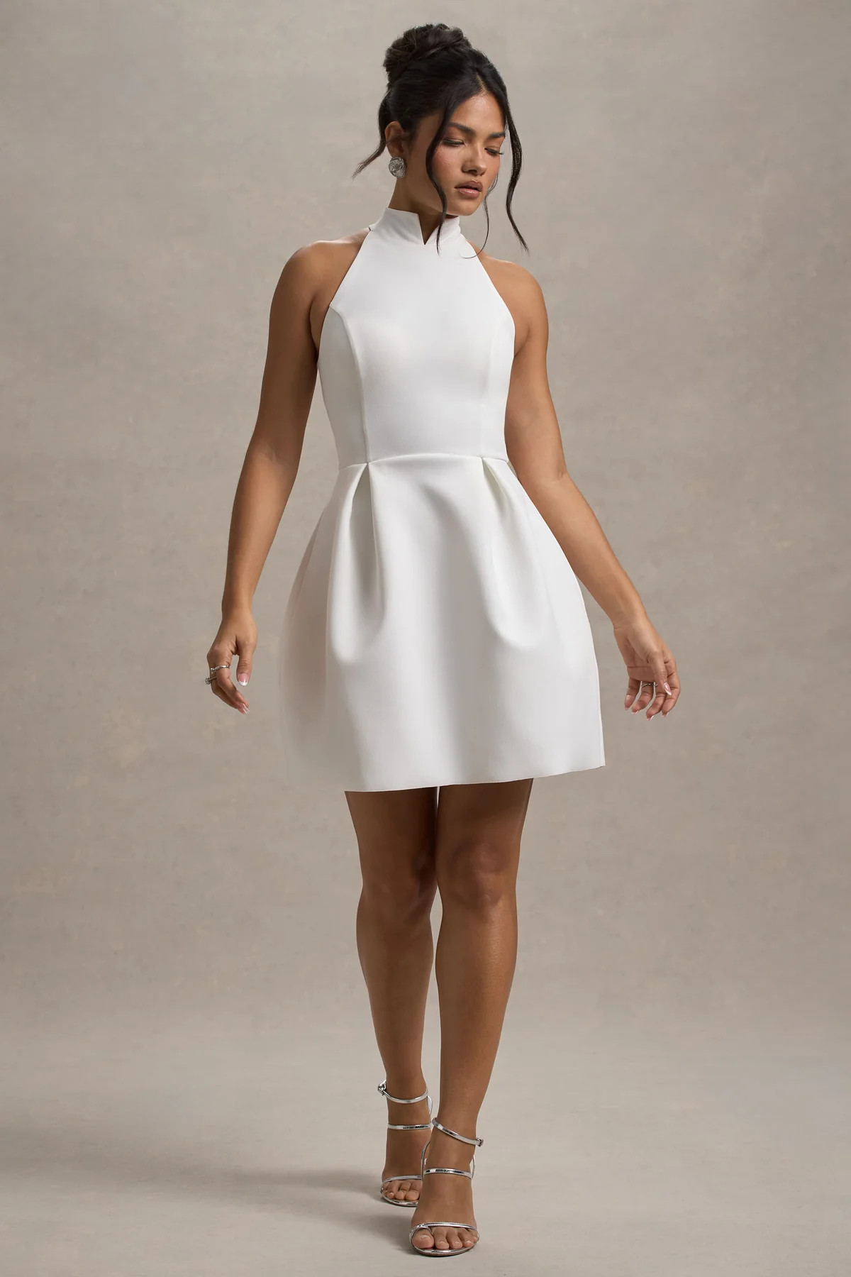 Dottie | White High-Neck Mini Dress With Pleated Skirt | Club L London
