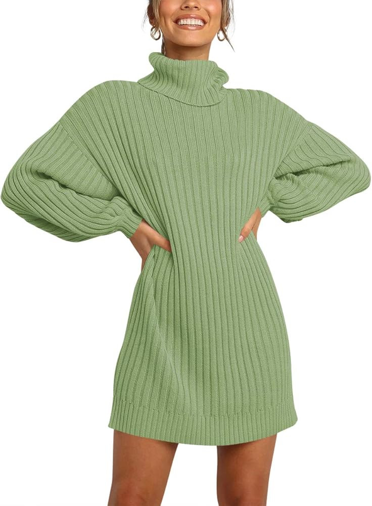 Prinbara Women Turtleneck Long Lantern Sleeve Casual Loose Oversized Sweater Dress Soft Winter Pu... | Amazon (US)