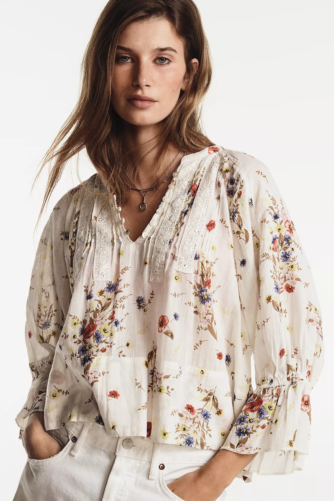 By Anthropologie Cotton Pintuck V-Neck Blouse | Anthropologie (US)