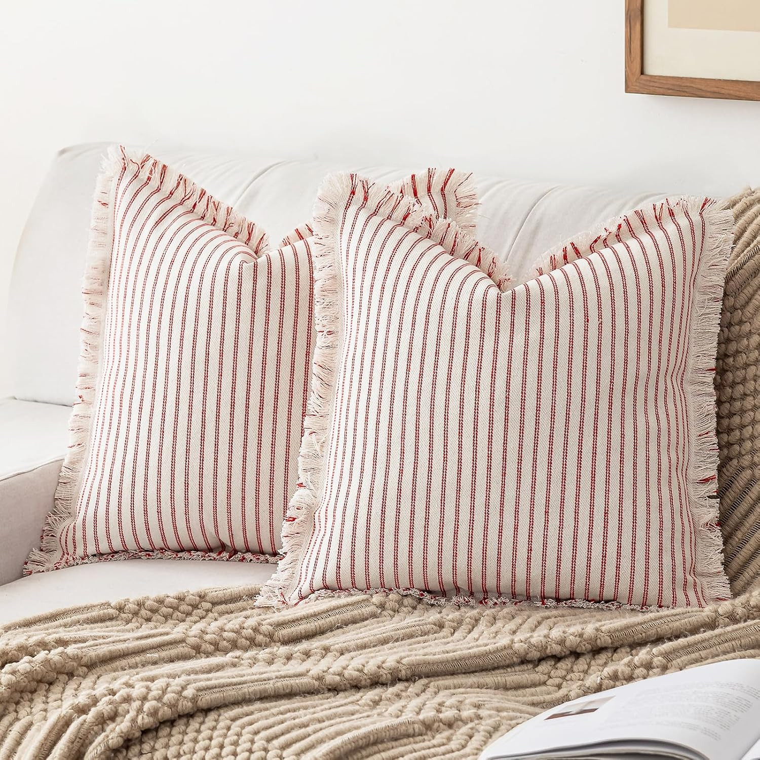 YEENAASY Throw Pillow Covers 18x18 Set of 2 Striped Fringe Pillow Cover Farmhouse Cushion Covers ... | Amazon (US)