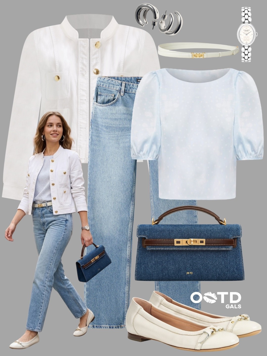 Soft blues & clean whites 🤍🩵

Light, airy, and effortlessly put together. This look blends classic denim with delicate details for an elevated everyday vibe.

Fresh, feminine, and timeless.

✨ Style Details:
• Crisp white jacket with gold buttons for a polished touch  
• Sheer soft blue blouse for a light, romantic feel  
• Straight-leg denim for an easy, flattering base  
• Cream ballet flats for understated elegance  
• Structured denim bag with brown accents to tie it all together  
• Minimal gold + silver accessories for a refined finish  

Perfect balance of casual and chic ✨

#LTKStyle #EffortlessChic #SpringStyle

#LTKgrwm #LTKootd