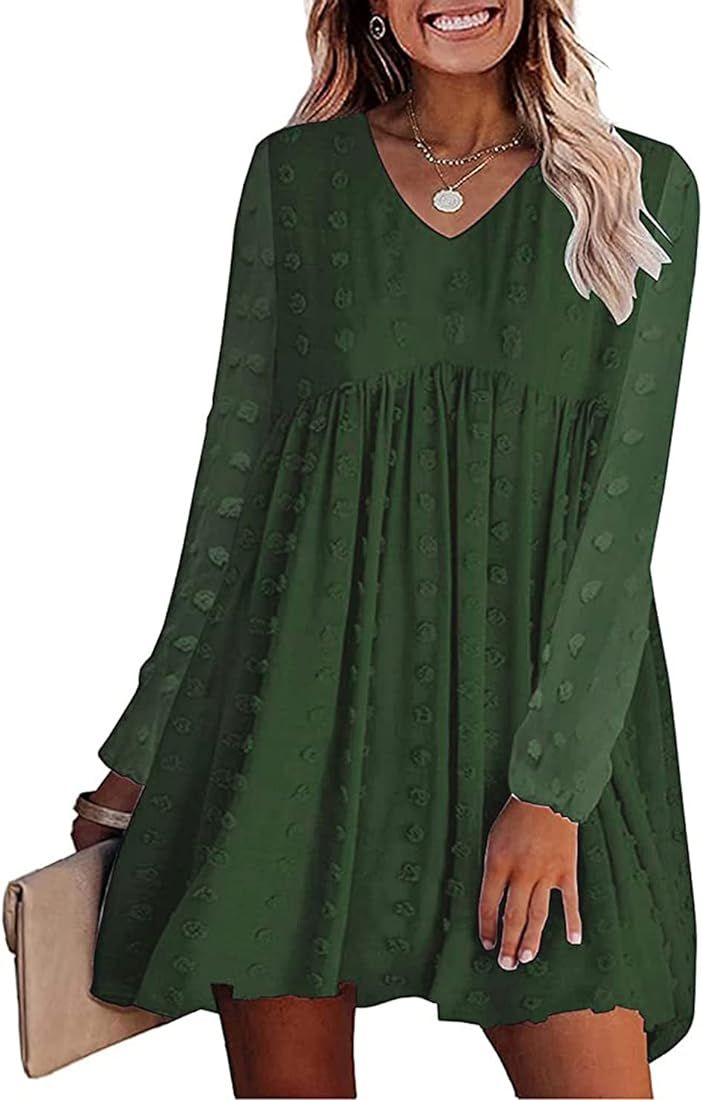 KIRUNDO Fall 2022 Women‘s Dresses Long Sleeves Short Mini Dress V Neck Flowy Casual Swiss Dot Loose  | Amazon (US)