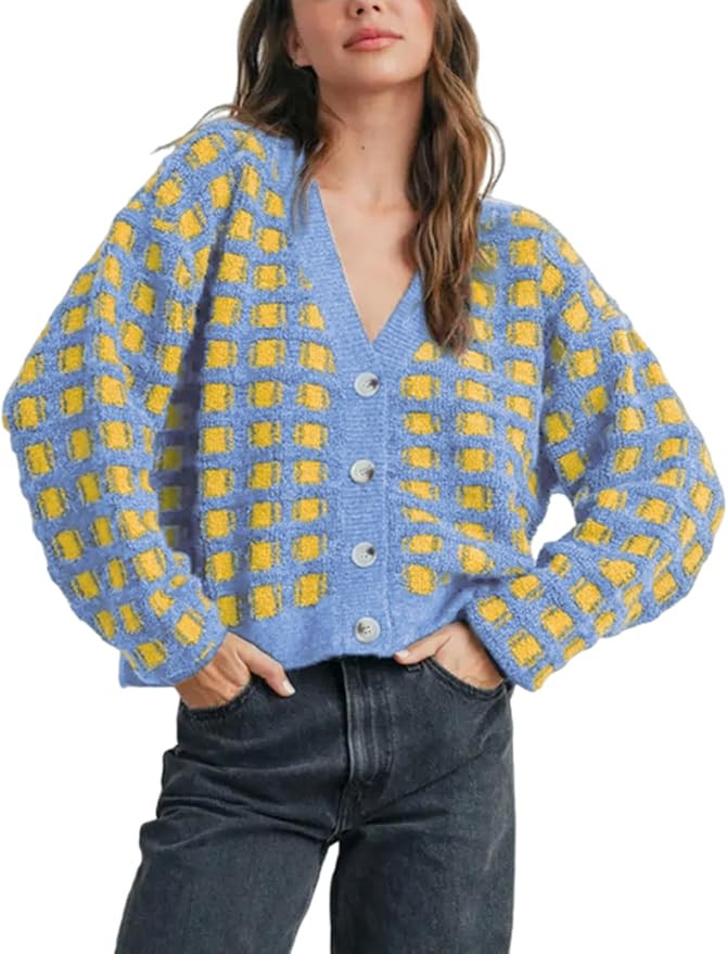 Ailoqing Womens Checkered Cardigans Sweaters V Neck Button Down Long Sleeve Cable Knit Outerwear ... | Amazon (US)